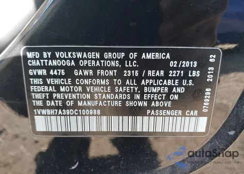 2013 Volkswagen Passat 2.5L Se из США, поврежденный, VIN 1VWBH7A39DC100988